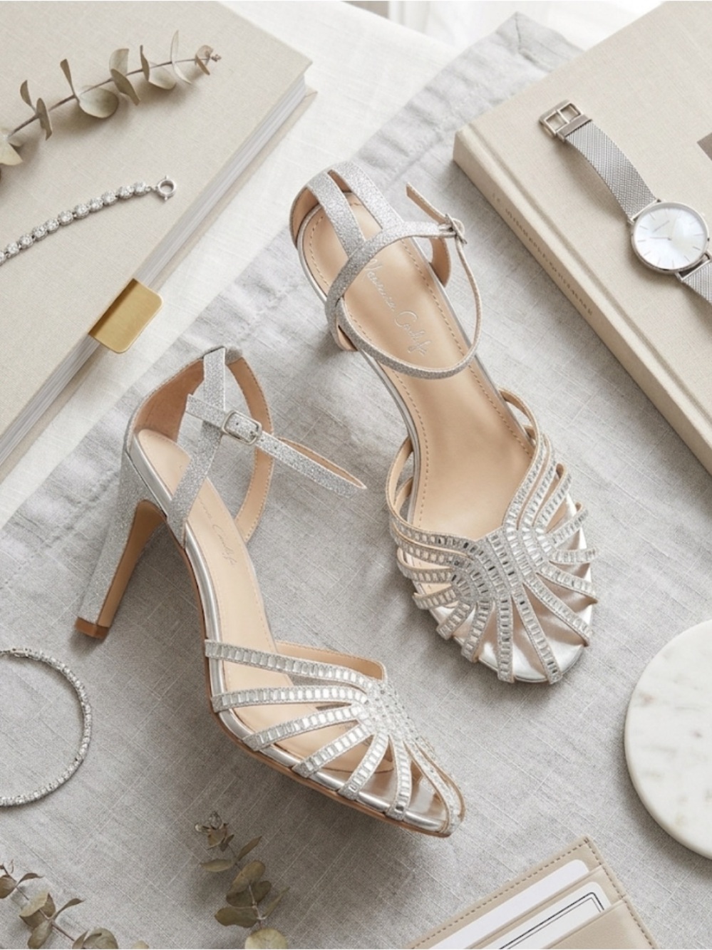 Silver Crystal Strappy Dress Sandals for Women